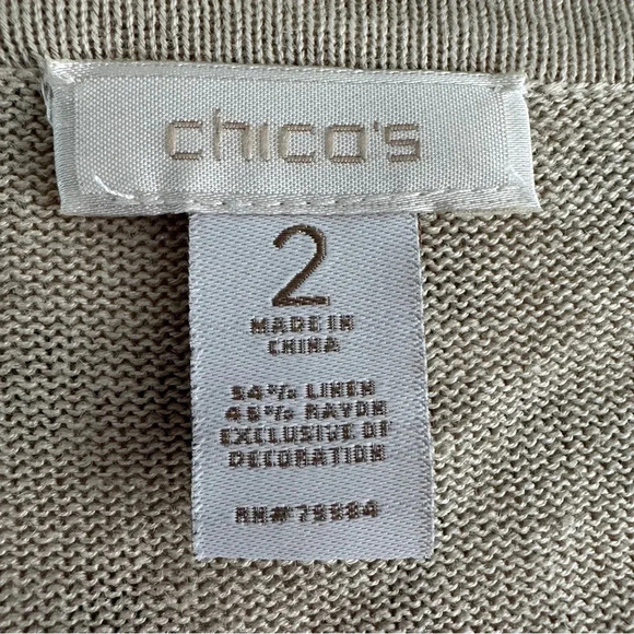 Chicos Linen Blend Treasured Trinkets Beaded Cardigan Sweater Size 2 Large Tan - Picture 3 of 13